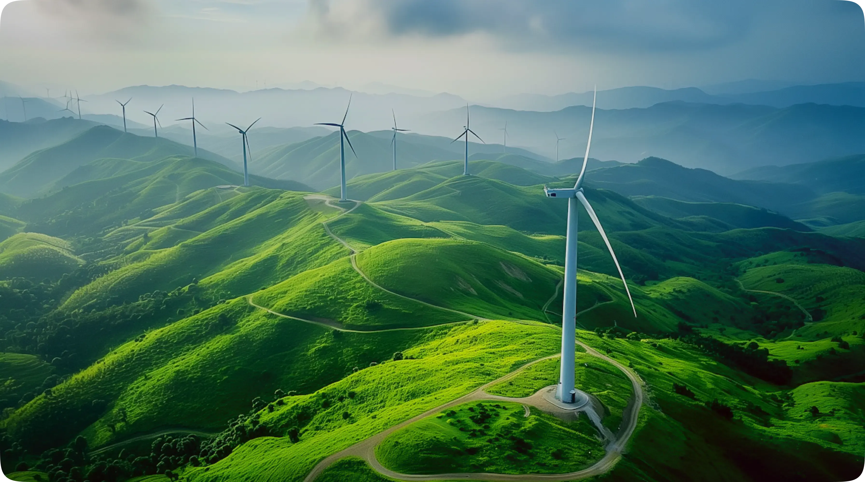 Windmill over green mountains